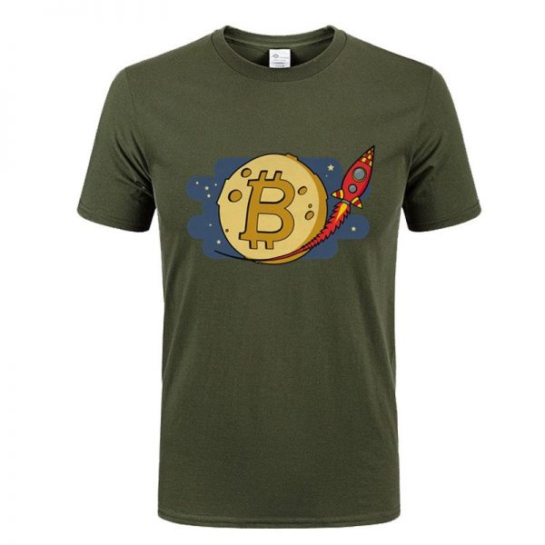 Bitcoin to the Moon rocket army green T-shirt