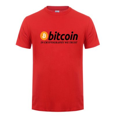 In Cryptography We Trust red T-shirt with black print