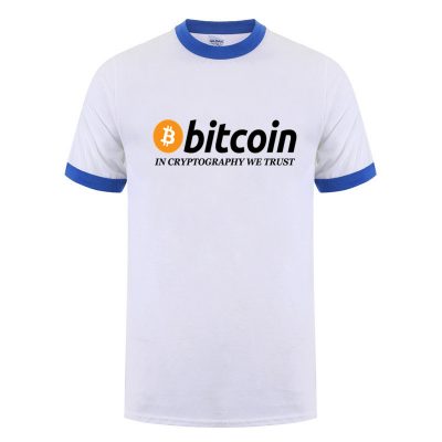 In Cryptography We Trust white blue edges T-shirt with black print